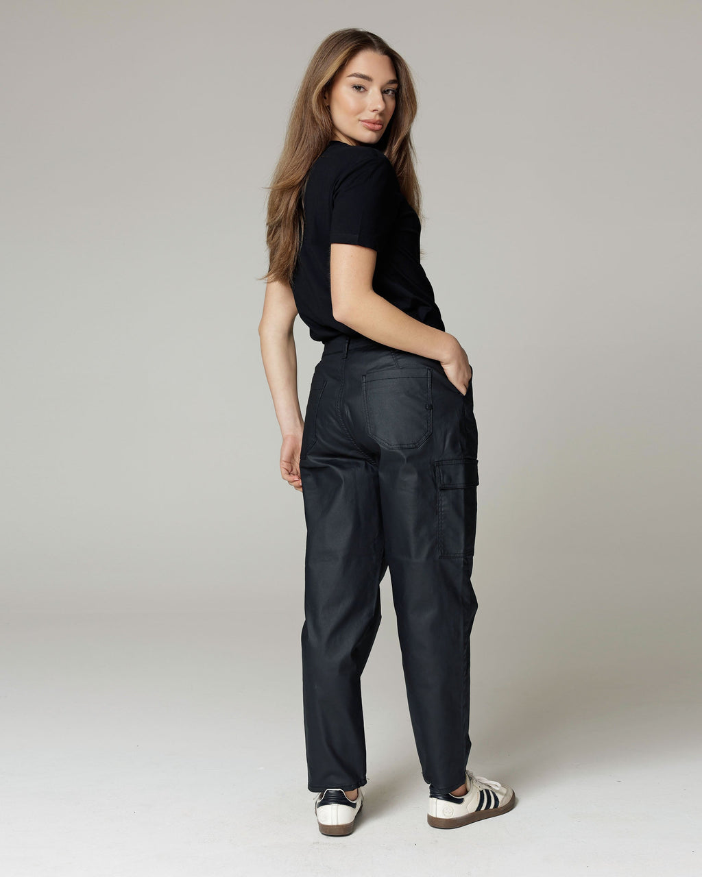 Black Coated Balloon Cargo Trousers | The Daria