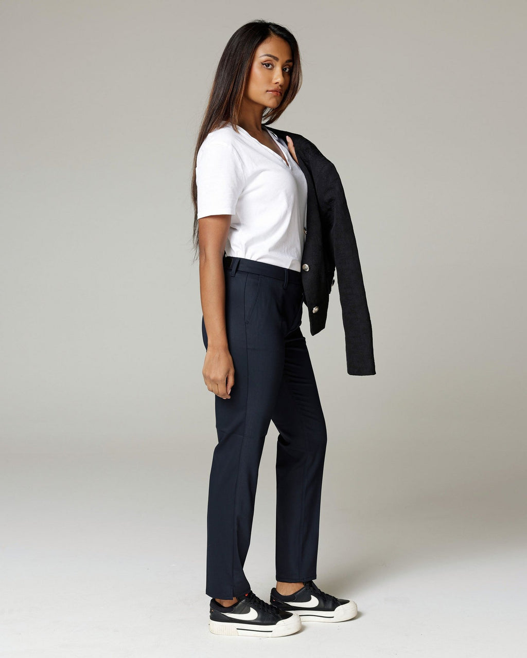 Navy Slim Straight Trousers | The Leana