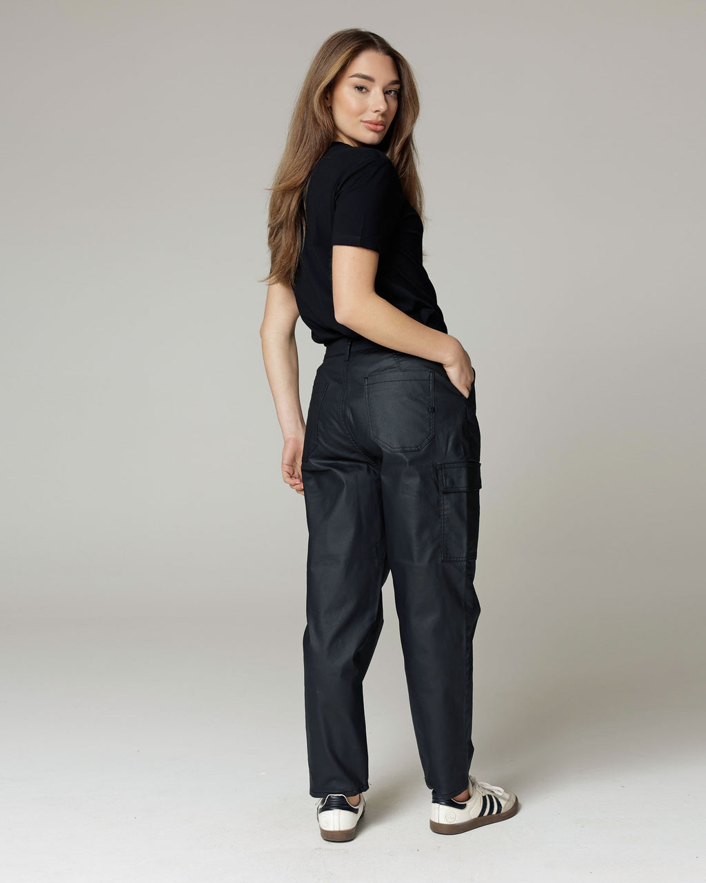 Black Coated Balloon Cargo Trousers | The Daria