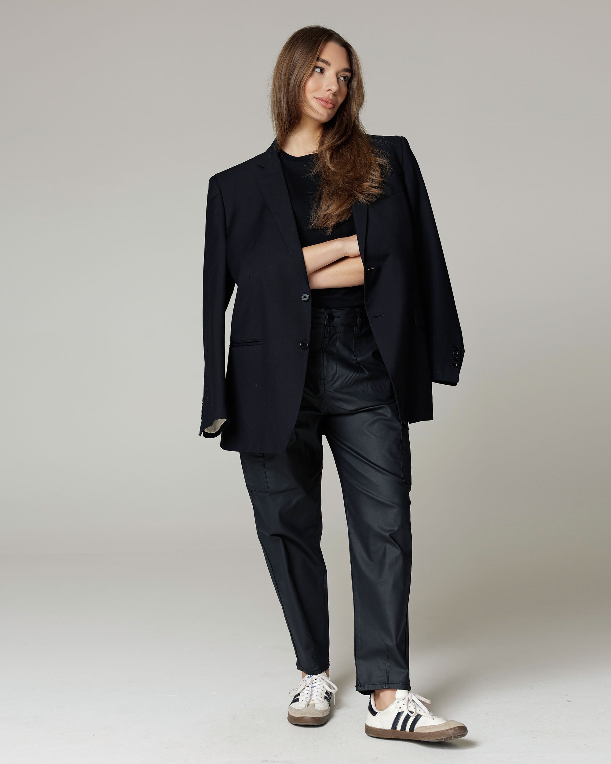 Black Coated Balloon Cargo Trousers | The Daria
