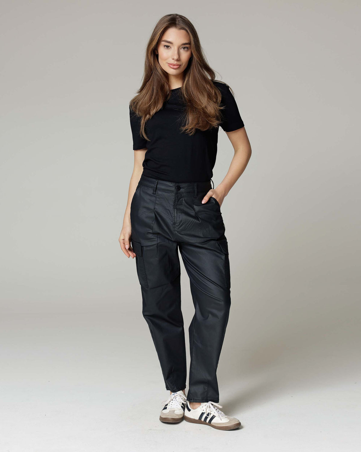 Black Coated Balloon Cargo Trousers | The Daria