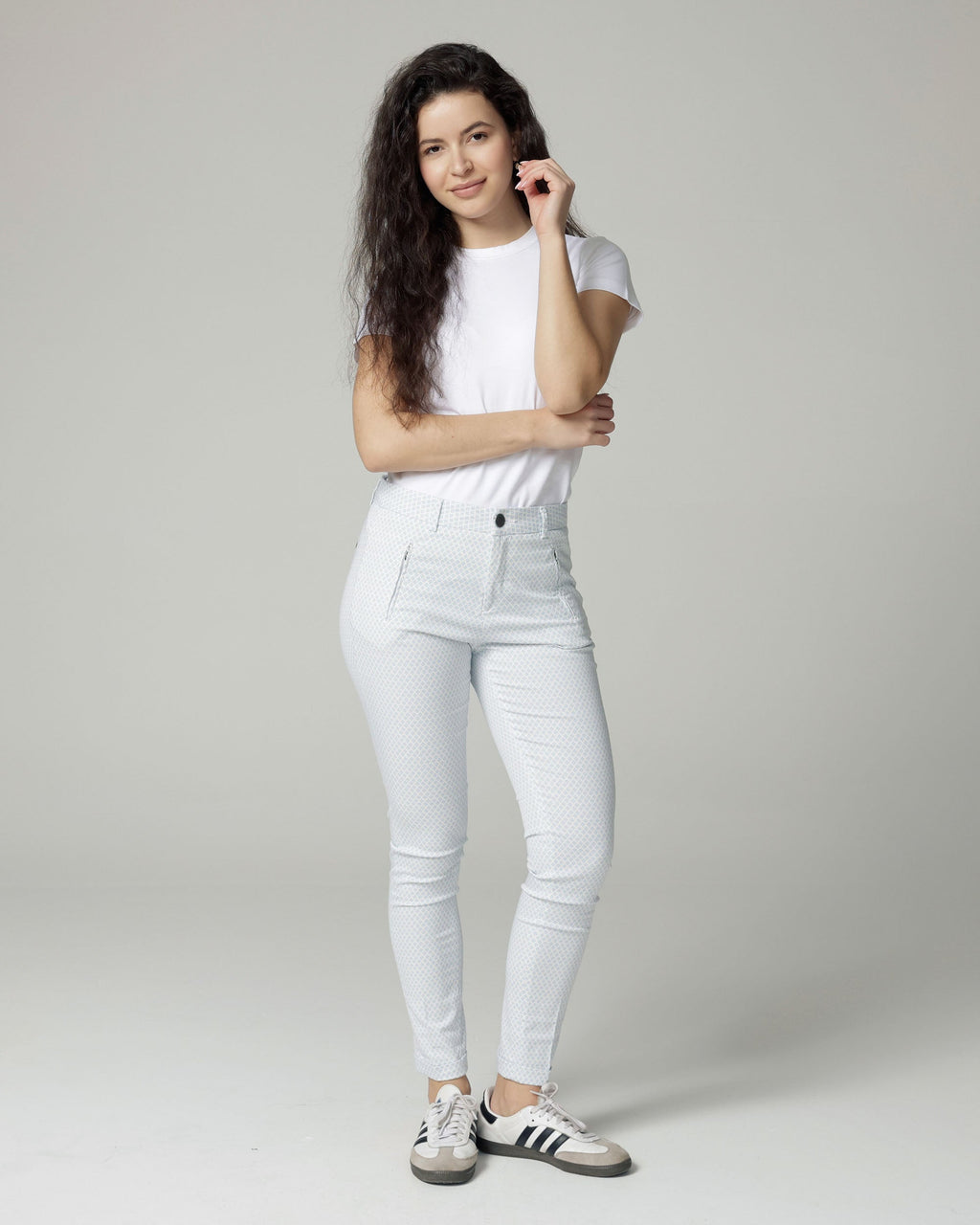Ivory/Ice Blue Printed Slim Pants | The Terry