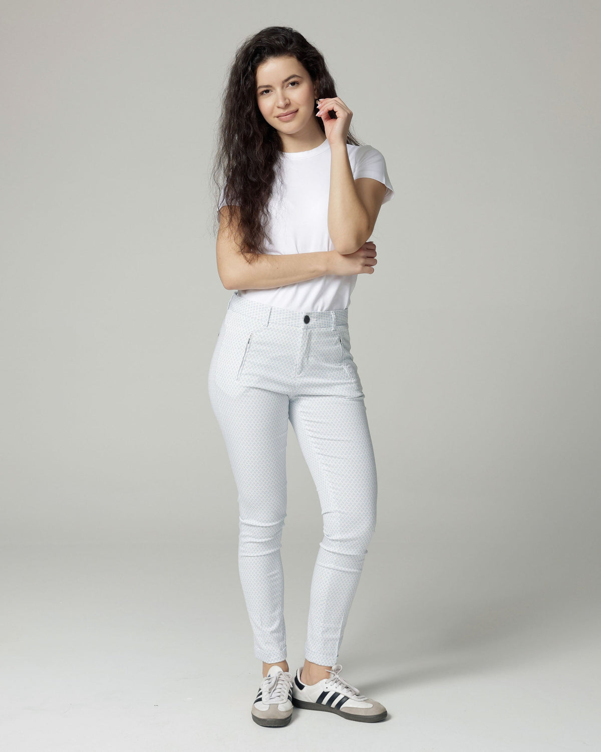 Ivory/Ice Blue Printed Slim Pants | The Terry
