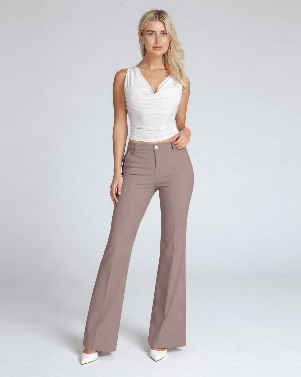 Light Hazelnut Wide-Leg High-Rise Pants | The Atena