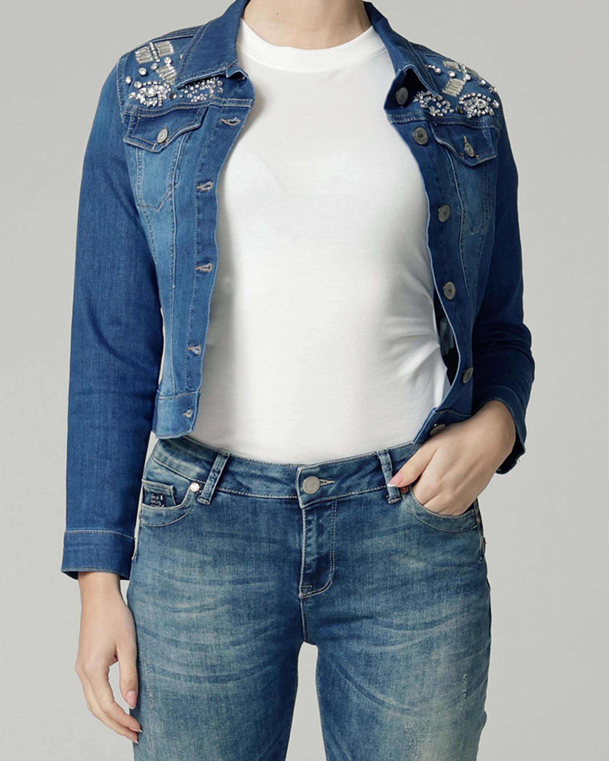 Mid Blue Embellished Denim Jacket | The Elisa Secondary image